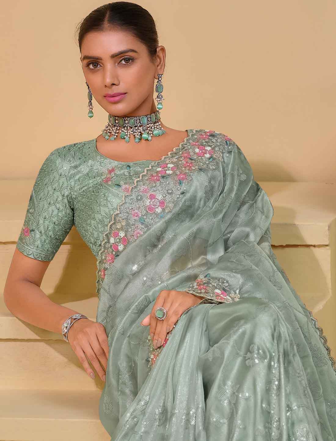 Ethinc Pista Pure Banarasi Tuscany Designer Saree