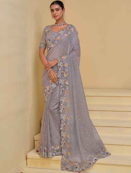 Designer Grey Pure Banarasi Tuscany Ethnic Saree