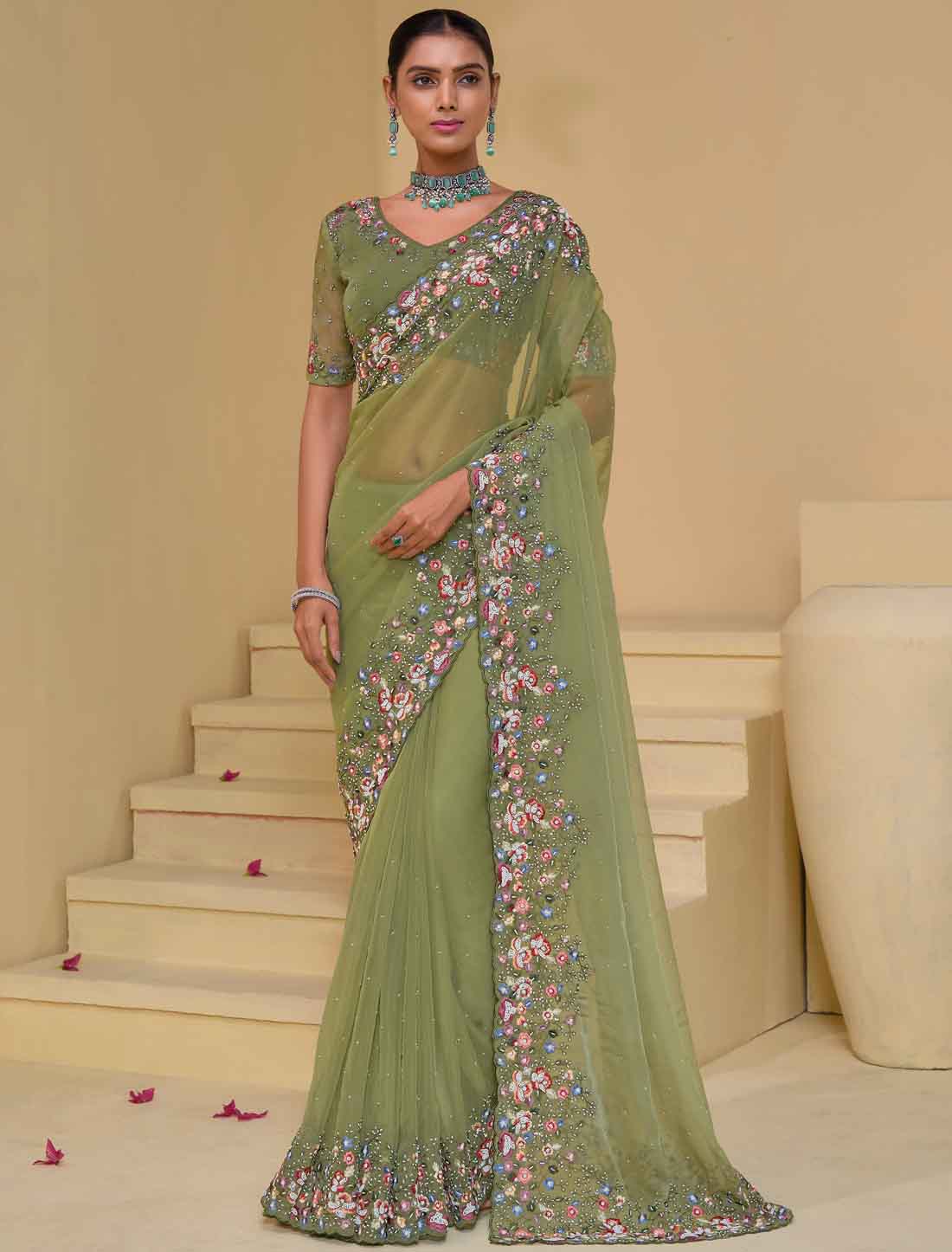 Pista Ethinc Pure Banarasi Tuscany Designer Saree