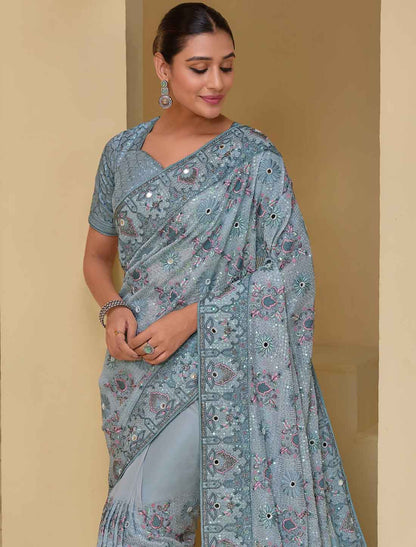 Designer Grey Pure Banarasi Tuscany Ethinc Saree