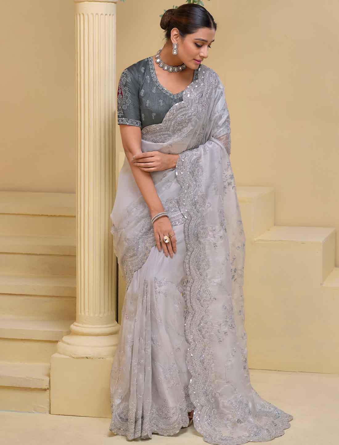 Grey Ethinc Pure Banarasi Tuscany Designer Saree