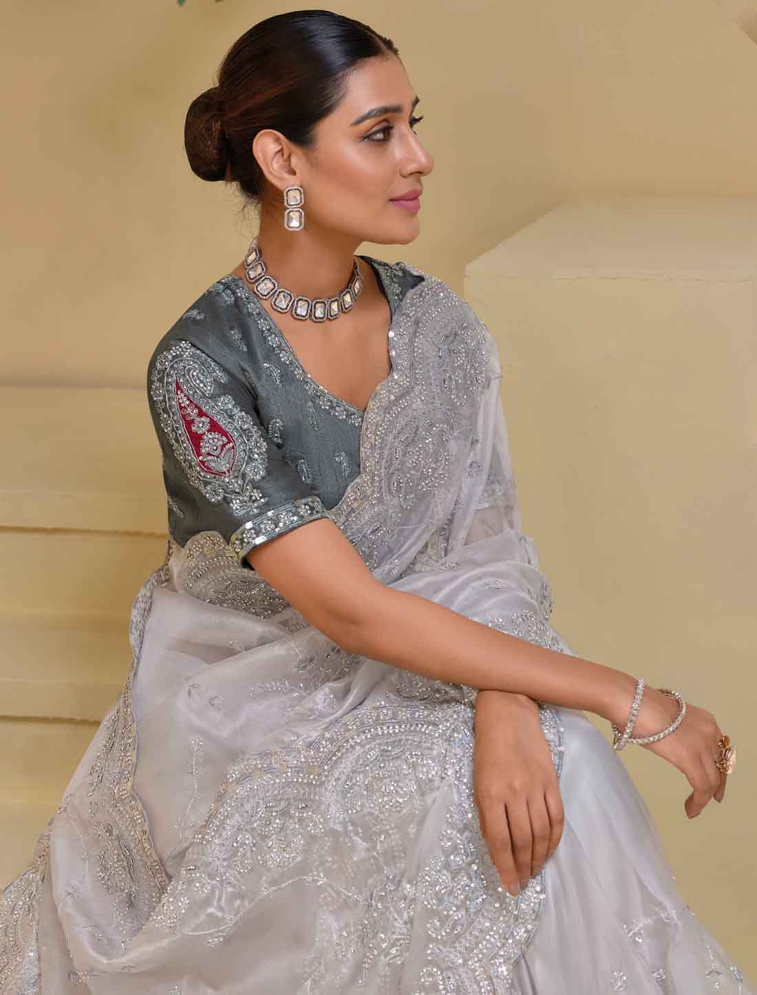 Grey Ethinc Pure Banarasi Tuscany Designer Saree