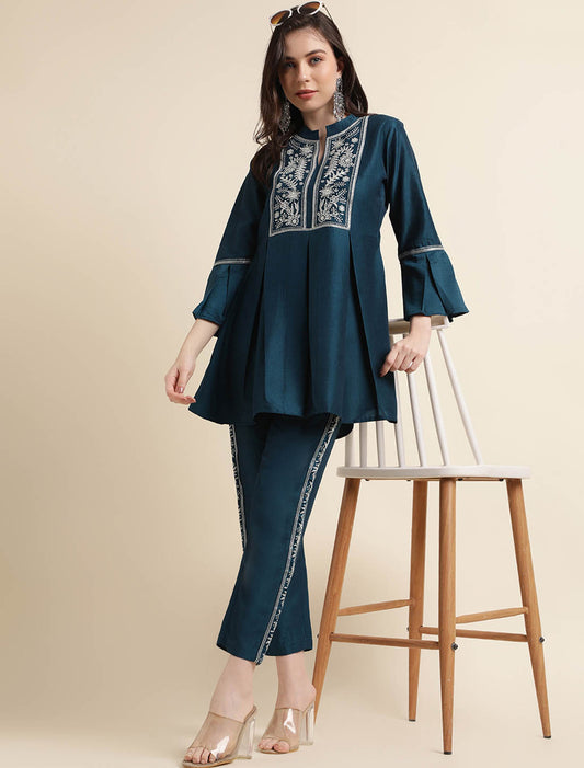 Presenting Navy Blue Chinon Embroidered Western Women Co-ord Sets