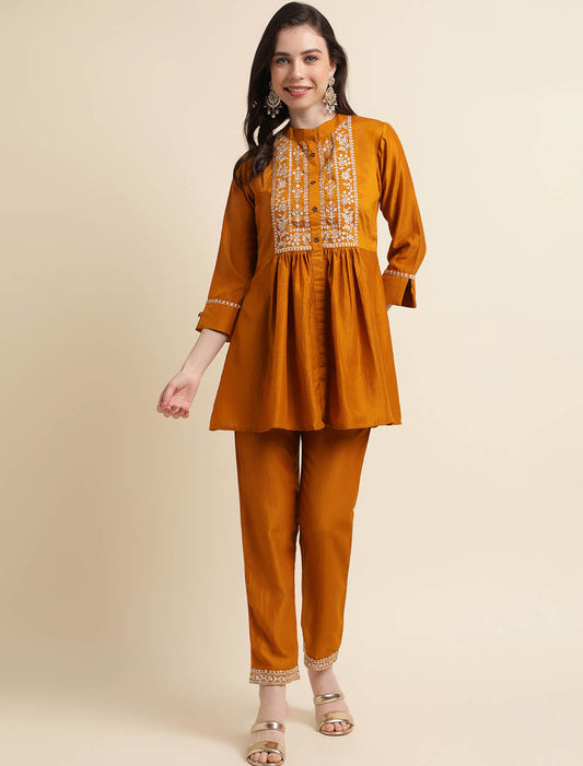 Style With Mustard Yellow Embroidered Chinon Western Women Co-ord Sets