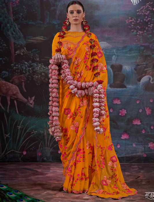 Mustard Yellow Gold Shimmer Multi Thread Embroidery Ethnic Saree