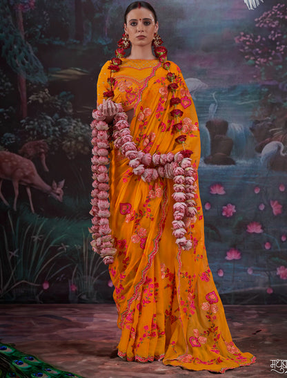 Mustard Yellow Gold Shimmer Multi Thread Embroidery Ethnic Saree