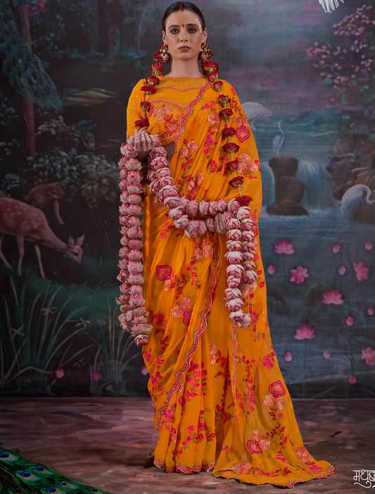 Mustard Yellow Gold Shimmer Multi Thread Embroidery Ethnic Saree