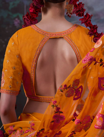 Mustard Yellow Gold Shimmer Multi Thread Embroidery Ethnic Saree