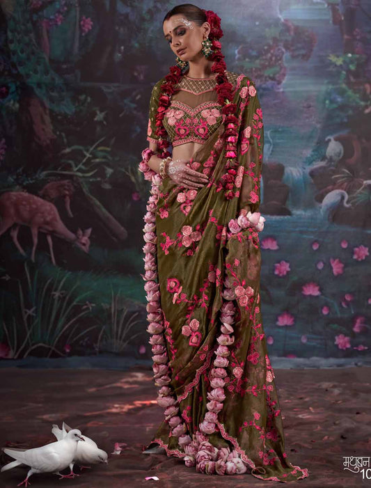 Gold Shimmer Ethnic Olive Green Multi Thread Embroidery Saree