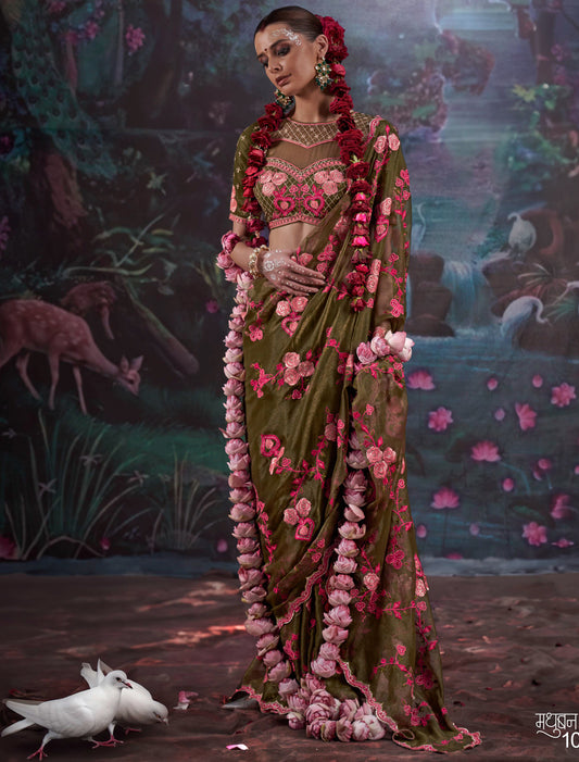 Gold Shimmer Ethnic Olive Green Multi Thread Embroidery Saree