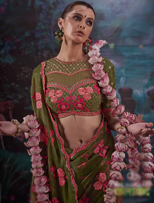 Gold Shimmer Ethnic Olive Green Multi Thread Embroidery Saree