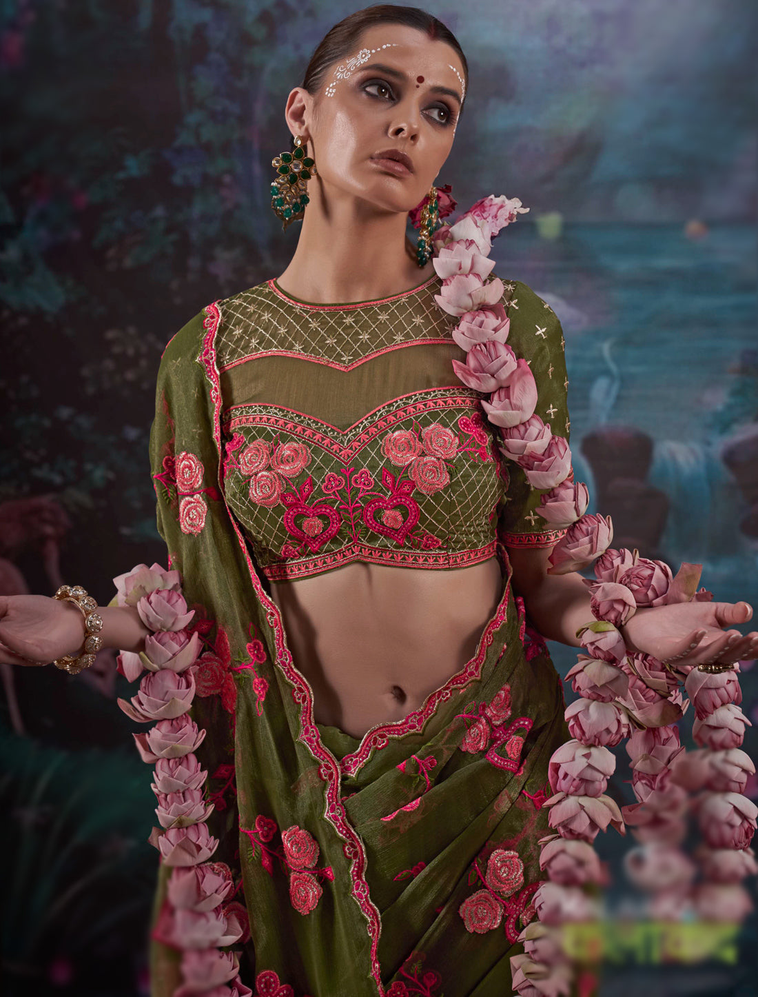 Gold Shimmer Ethnic Olive Green Multi Thread Embroidery Saree