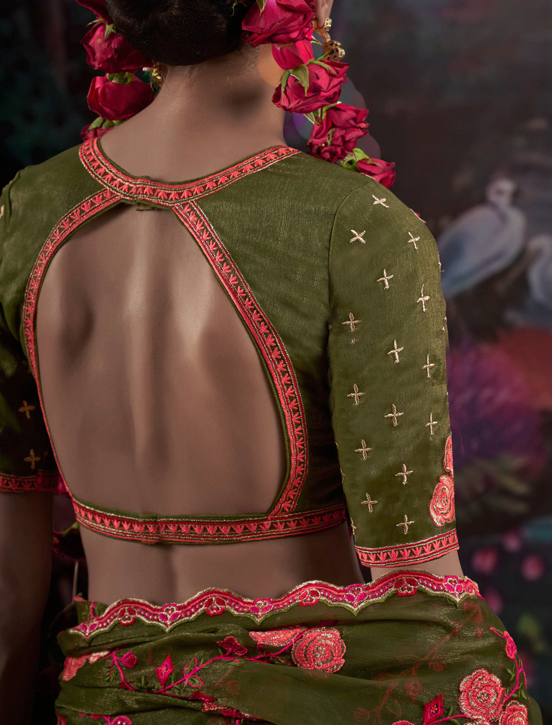 Gold Shimmer Ethnic Olive Green Multi Thread Embroidery Saree