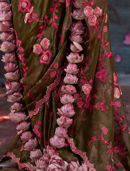 Gold Shimmer Ethnic Olive Green Multi Thread Embroidery Saree