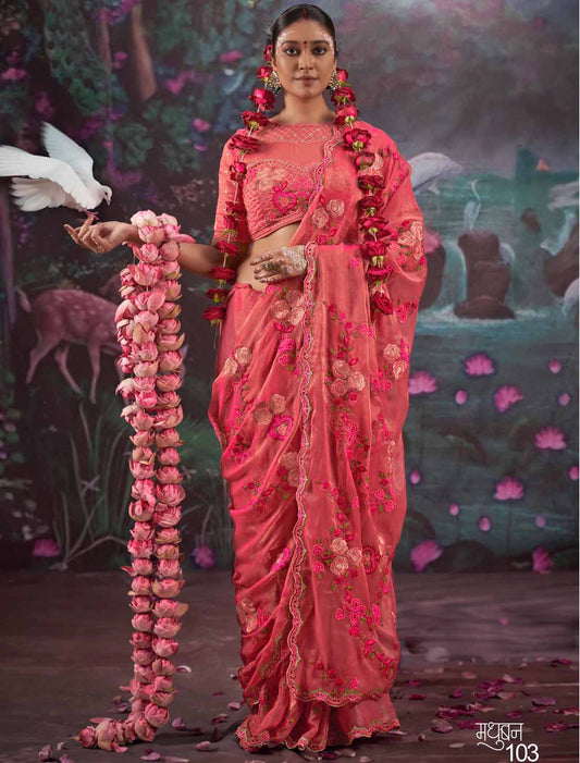 Ethnic Dark Pink Gold Shimmer Multi Thread Embroidery Saree