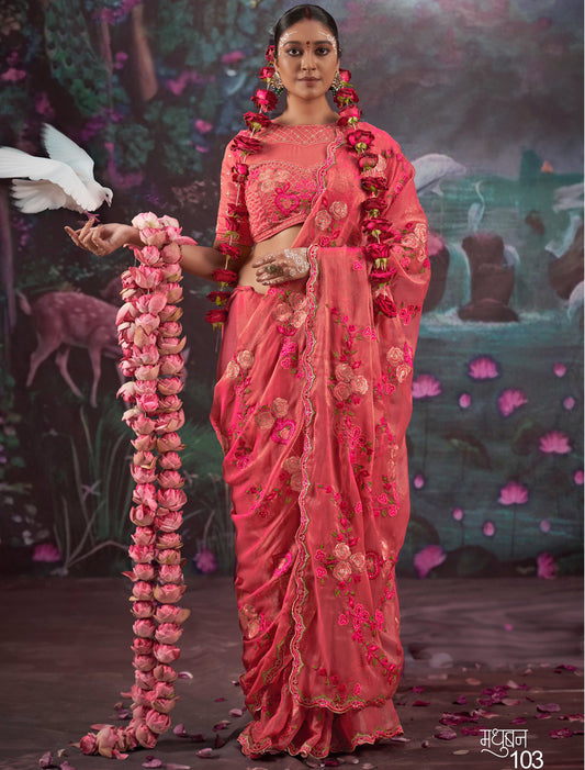 Ethnic Dark Pink Gold Shimmer Multi Thread Embroidery Saree