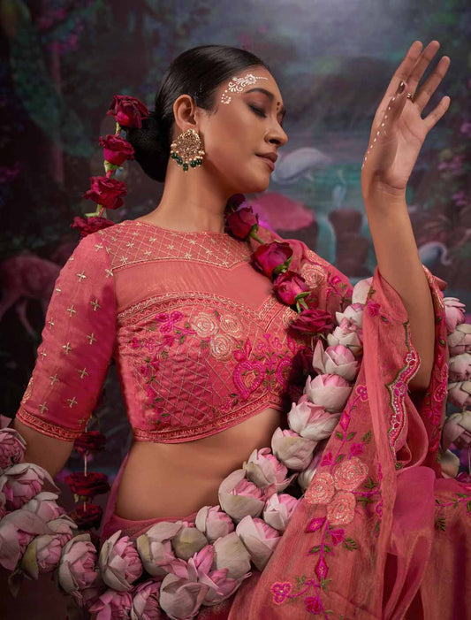 Ethnic Dark Pink Gold Shimmer Multi Thread Embroidery Saree