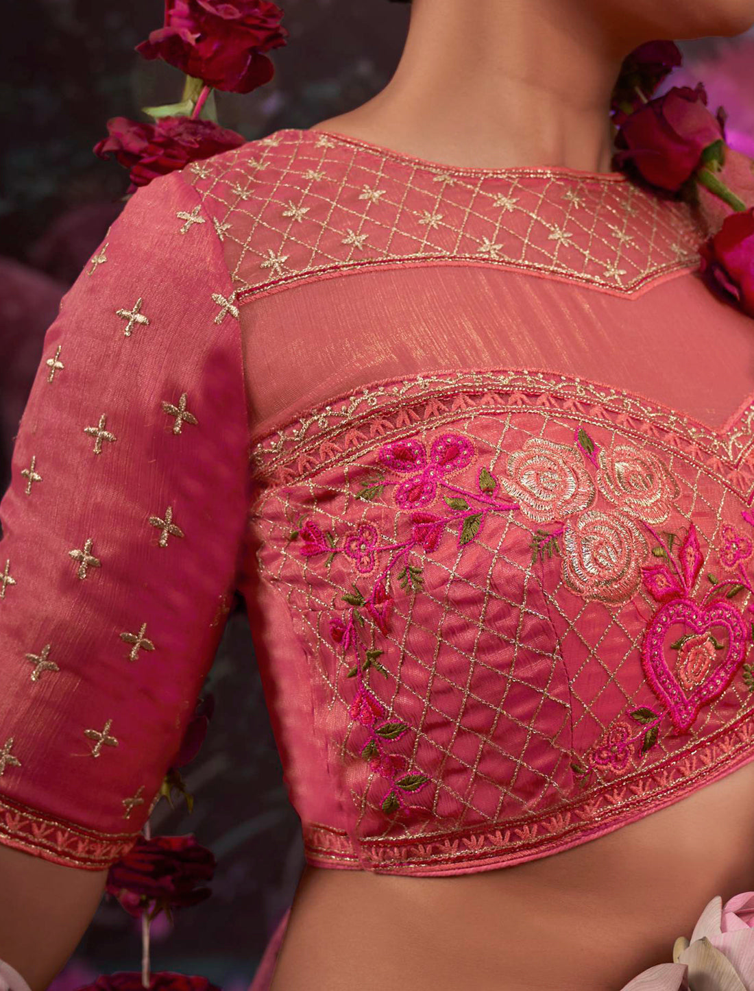 Ethnic Dark Pink Gold Shimmer Multi Thread Embroidery Saree