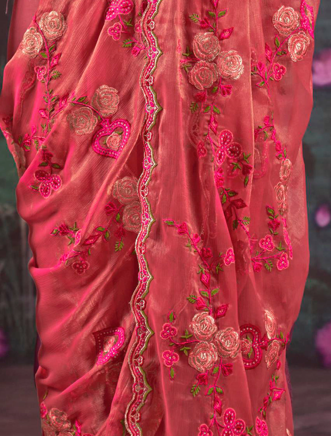 Ethnic Dark Pink Gold Shimmer Multi Thread Embroidery Saree