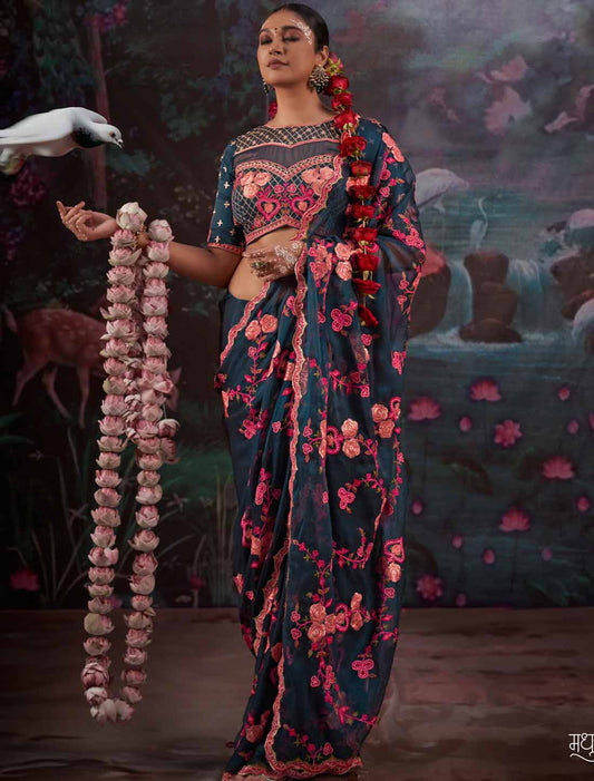 Neavy Blue Gold Shimmer Multi Thread Embroidery Ethnic Saree