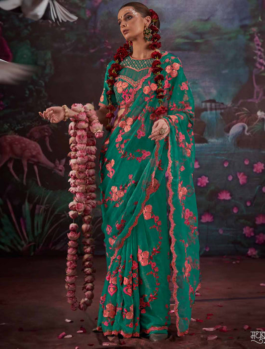 Teal Blue Ethnic Gold Shimmer Multi Thread Embroidery Saree