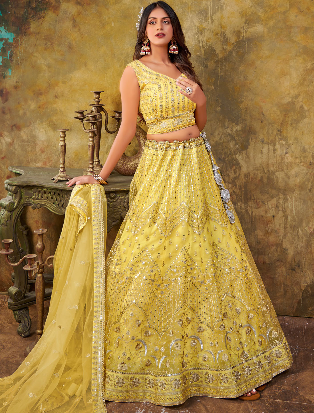 Semi-Stitched Premium Net Yellow Party Wear Lehenga Choli