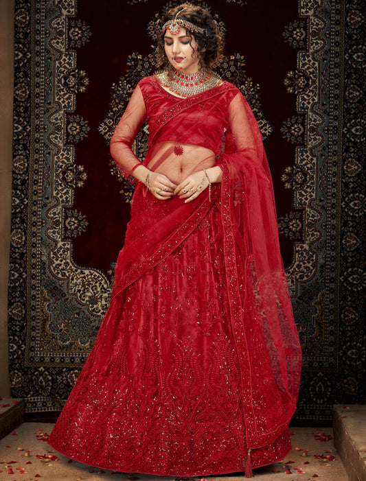 Red Ethnic Semi Stitched Lehenga Choli For Wedding With Multi-Sequins Embroidery