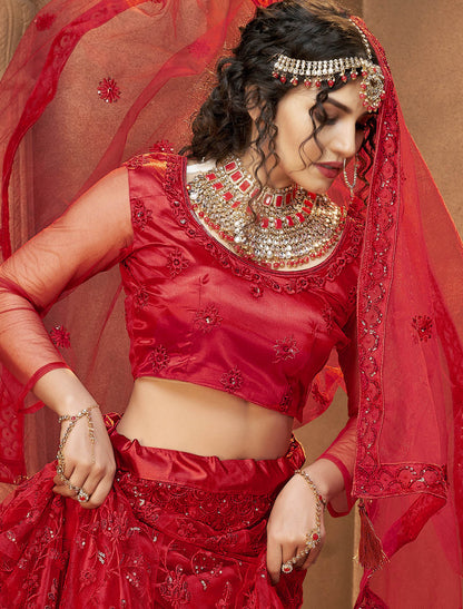 Red Ethnic Semi Stitched Lehenga Choli For Wedding With Multi-Sequins Embroidery
