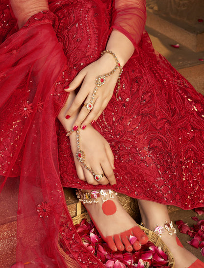 Red Ethnic Semi Stitched Lehenga Choli For Wedding With Multi-Sequins Embroidery