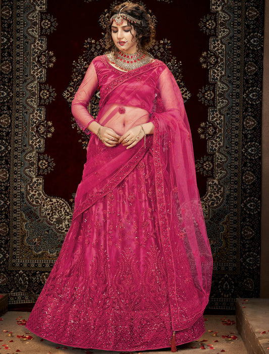 Deep Pink Net & Silk Satin Party Wear Lehenga Choli For Women Multi-Sequins Embellishments