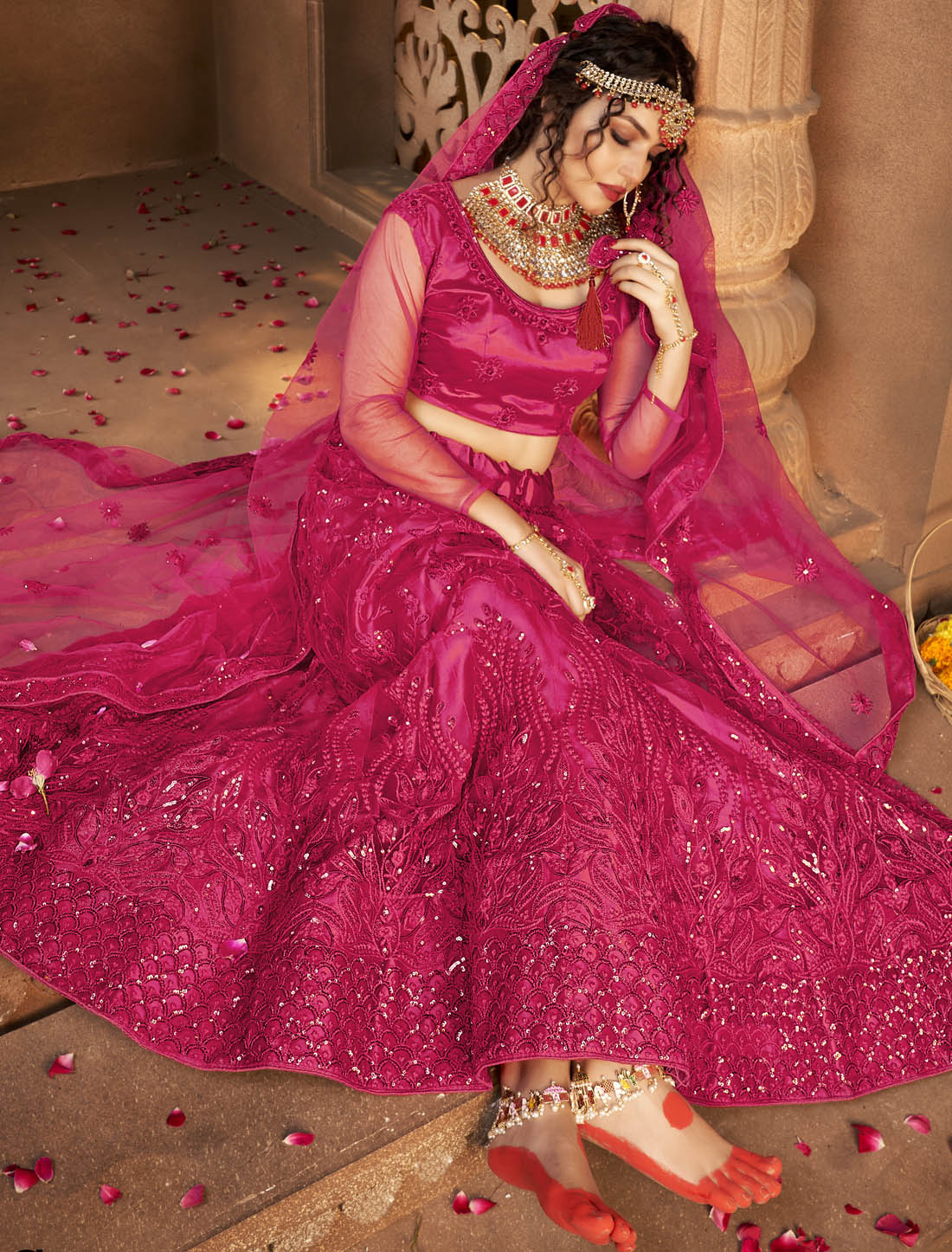 Deep Pink Net & Silk Satin Party Wear Lehenga Choli For Women Multi-Sequins Embellishments