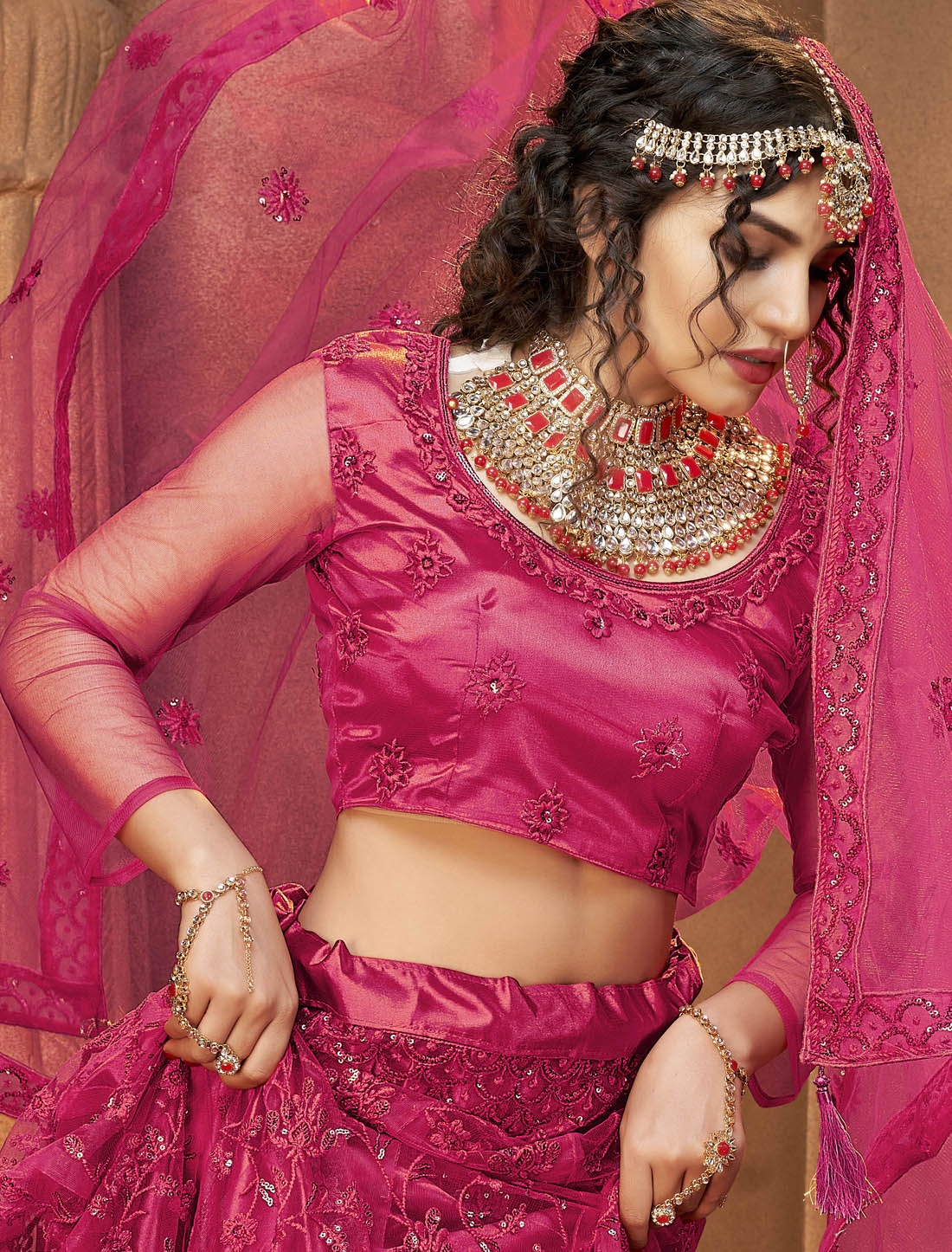 Deep Pink Net & Silk Satin Party Wear Lehenga Choli For Women Multi-Sequins Embellishments