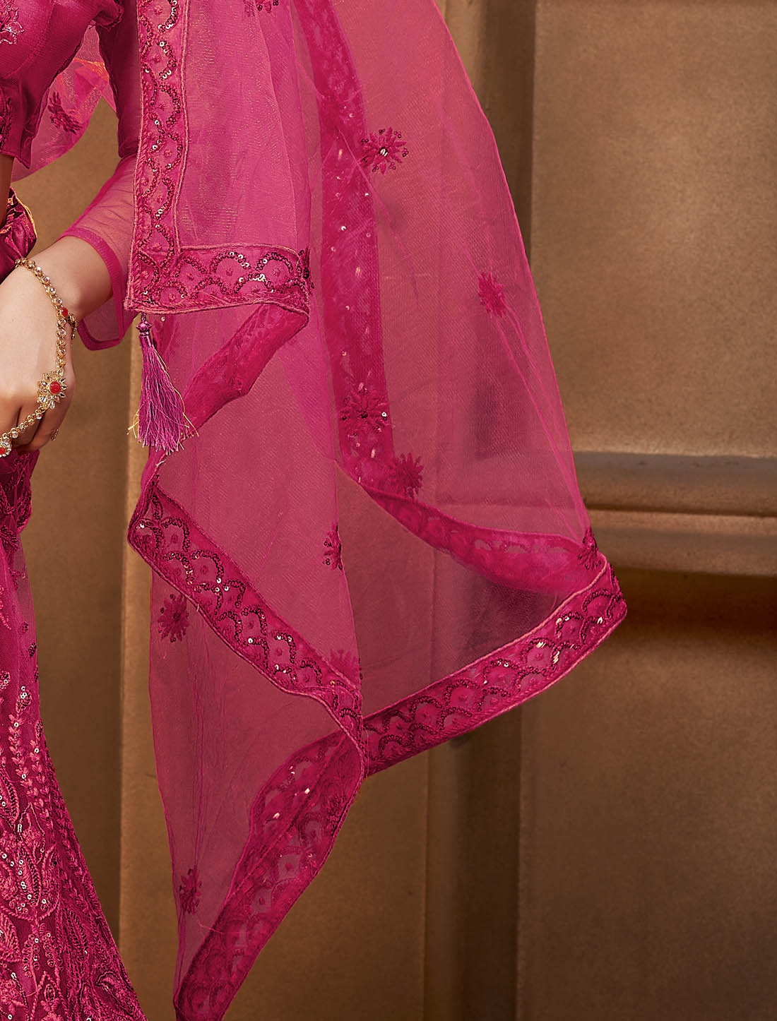 Deep Pink Net & Silk Satin Party Wear Lehenga Choli For Women Multi-Sequins Embellishments