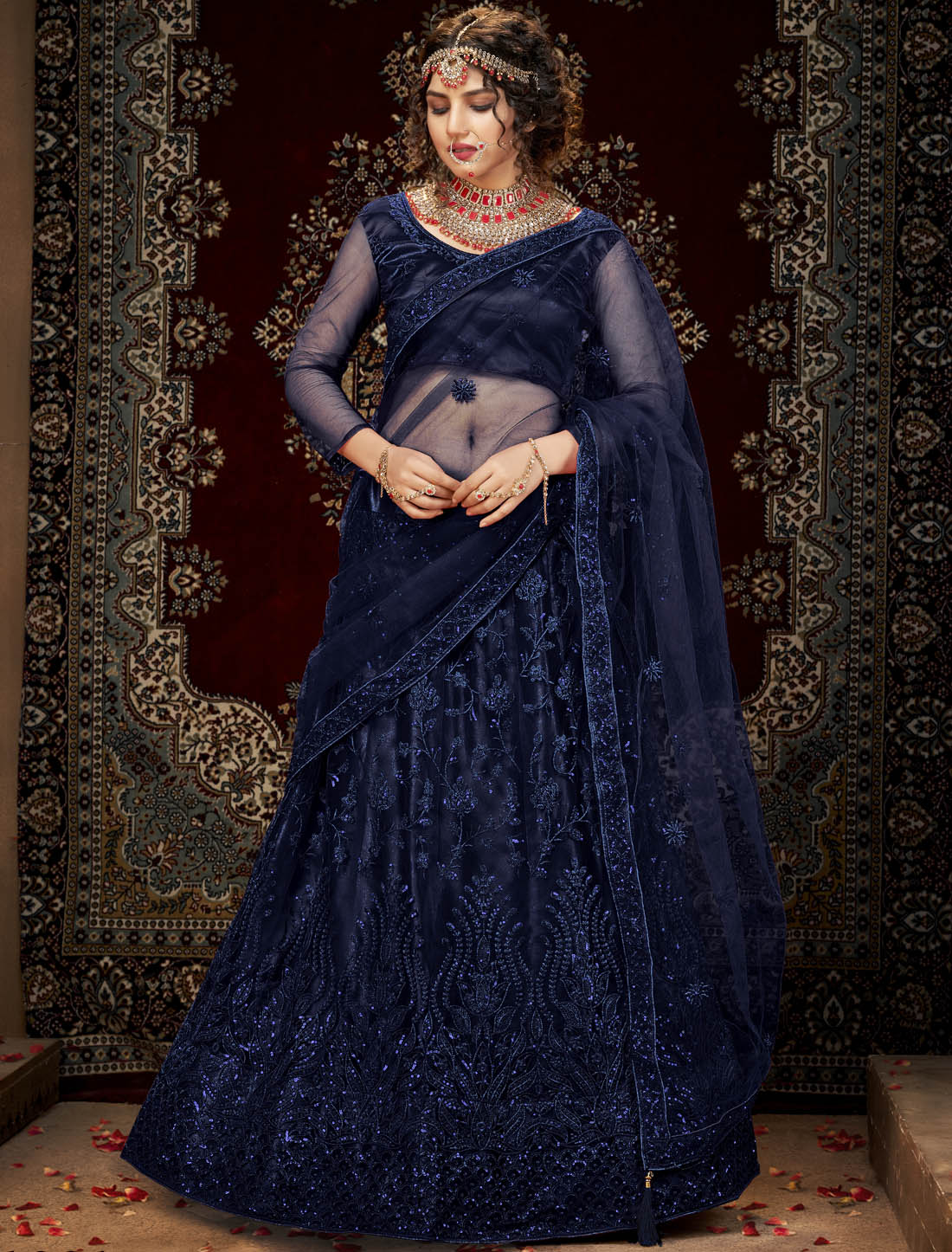 Midnight Blue Ethnic Party Wear Lehenga Choli For Women with Silk Satin Multi-Sequins Embroidery