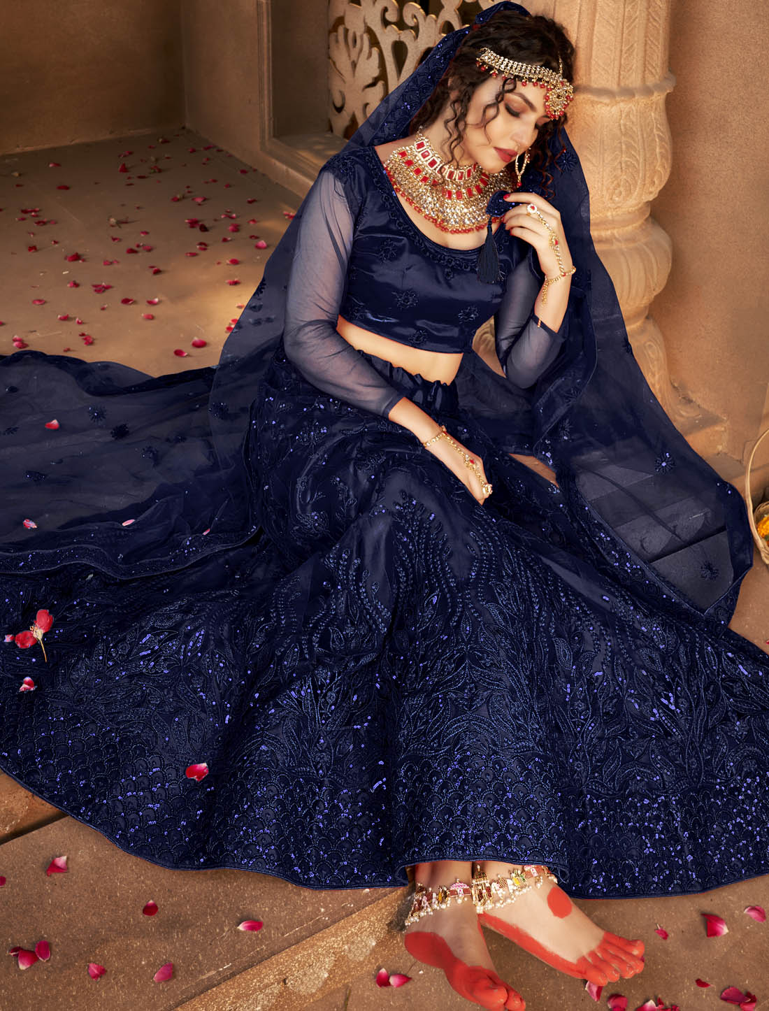 Midnight Blue Ethnic Party Wear Lehenga Choli For Women with Silk Satin Multi-Sequins Embroidery