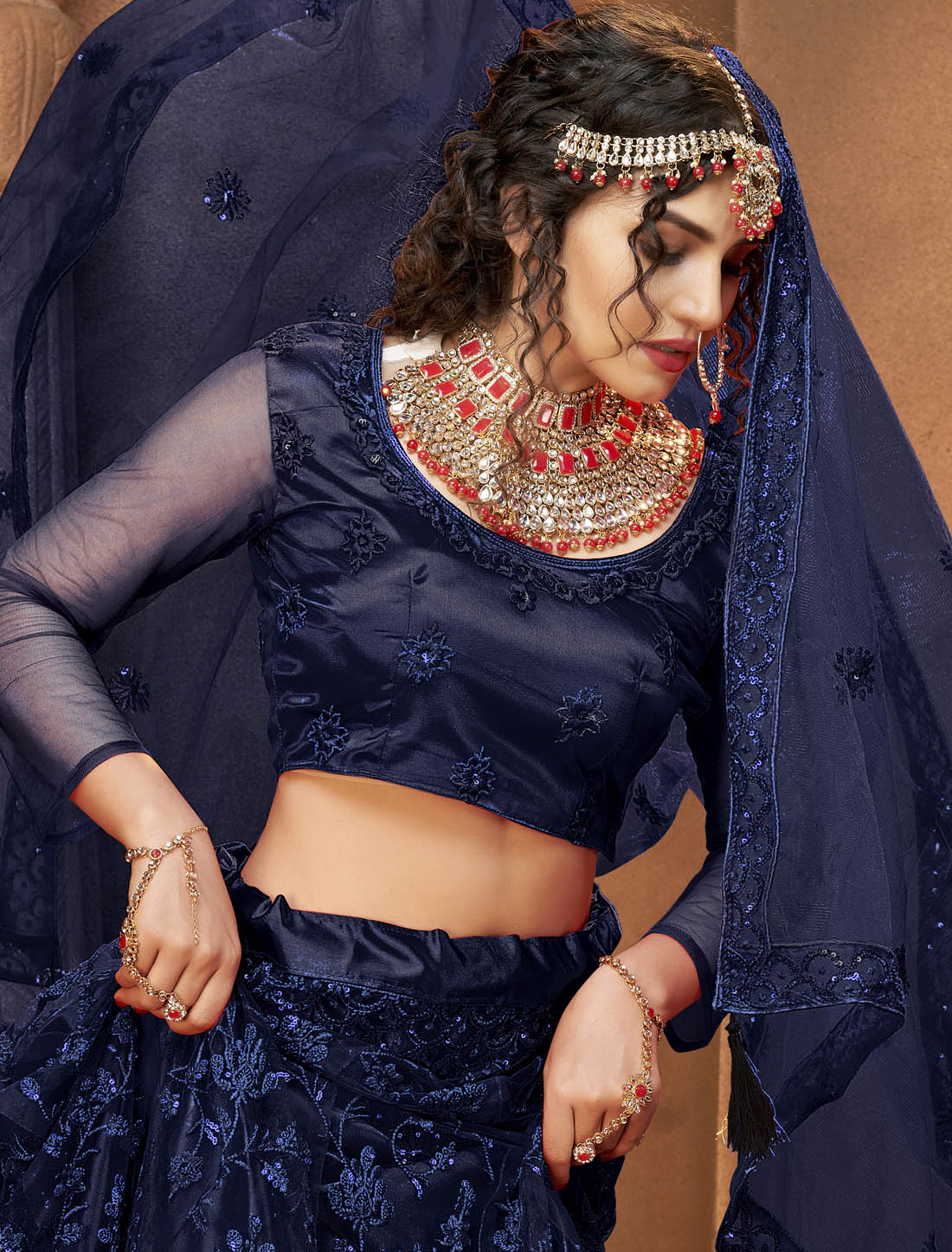 Midnight Blue Ethnic Party Wear Lehenga Choli For Women with Silk Satin Multi-Sequins Embroidery