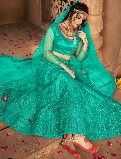 Aquamrine Exquisite Party Wear Net Lehenga Choli For Women With Multi-Sequins Embroidery