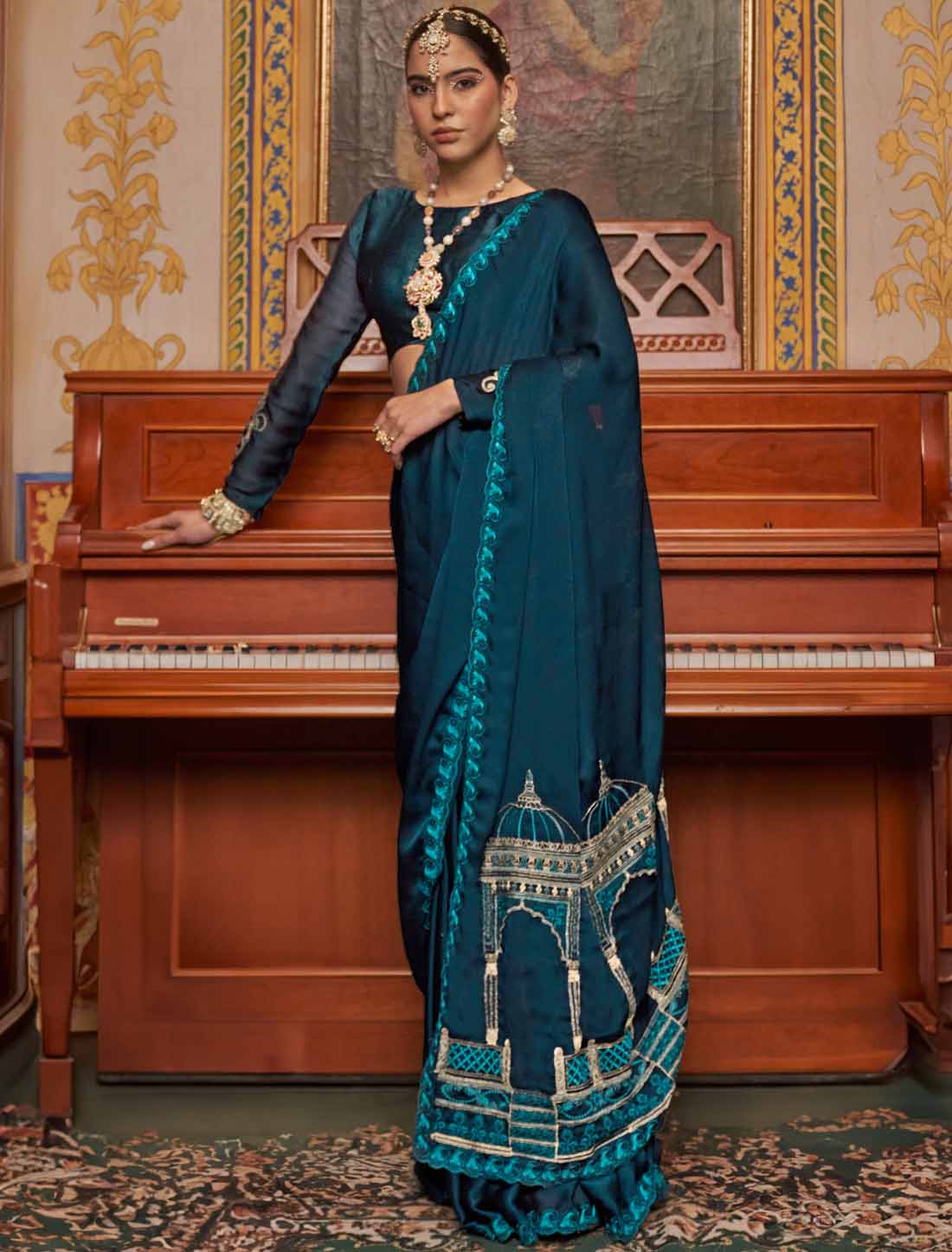 Soft Chiffon Neavy Blue Multi Thread Embroidery Ethnic Saree