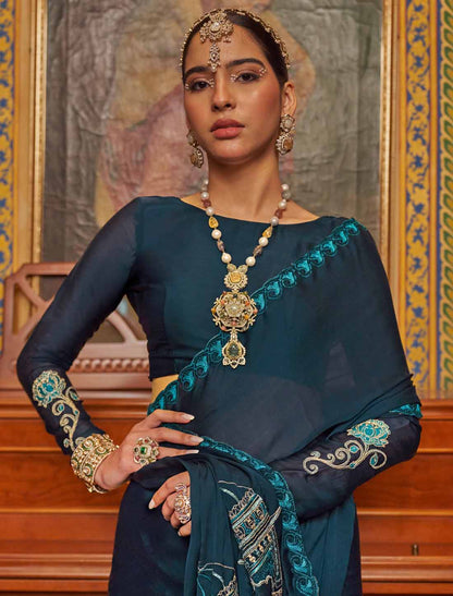 Soft Chiffon Neavy Blue Multi Thread Embroidery Ethnic Saree