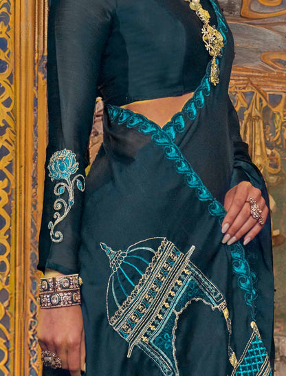 Soft Chiffon Neavy Blue Multi Thread Embroidery Ethnic Saree