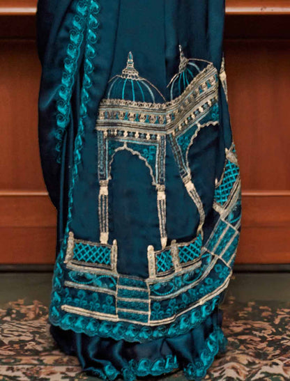 Soft Chiffon Neavy Blue Multi Thread Embroidery Ethnic Saree