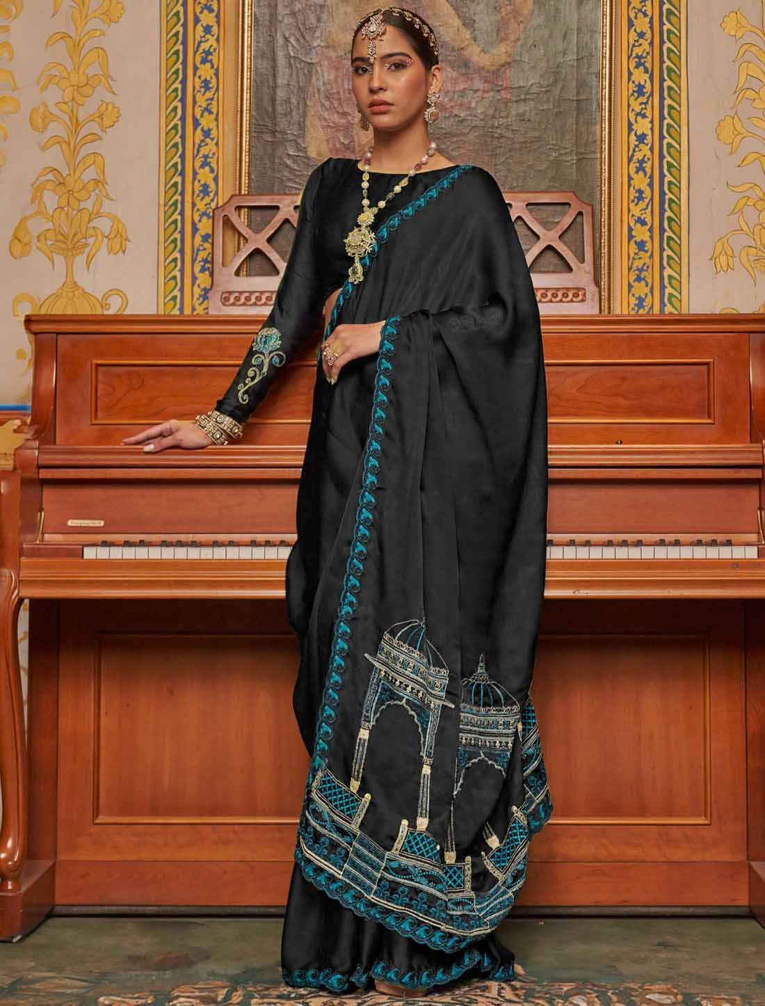 Ethnic Black Soft Chiffon Multi Thread Embroidery Saree