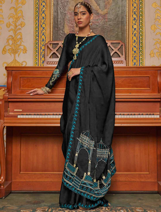 Ethnic Black Soft Chiffon Multi Thread Embroidery Saree
