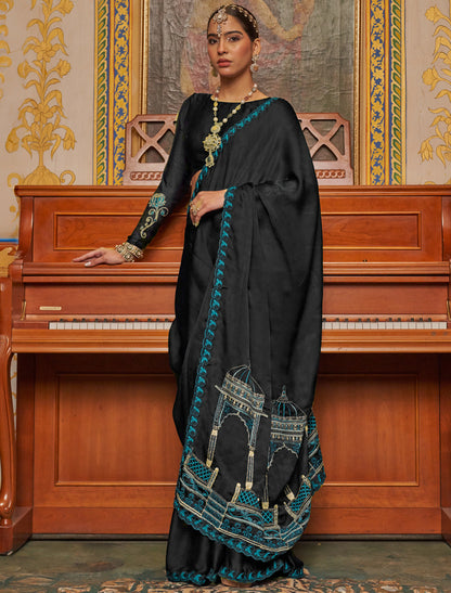 Ethnic Black Soft Chiffon Multi Thread Embroidery Saree