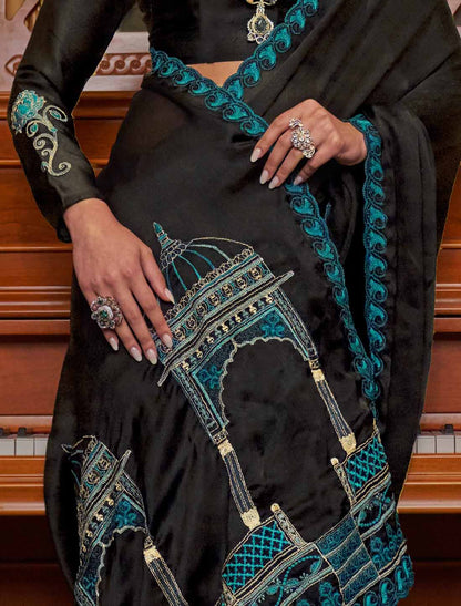 Ethnic Black Soft Chiffon Multi Thread Embroidery Saree