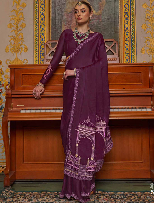 Maroon Soft Chiffon Multi Thread Embroidery Ethnic Saree