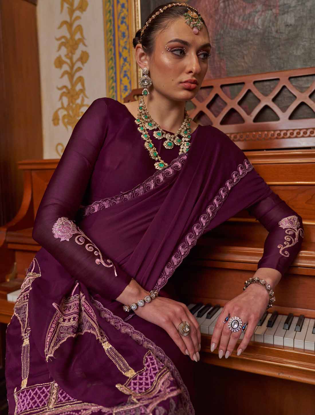 Maroon Soft Chiffon Multi Thread Embroidery Ethnic Saree