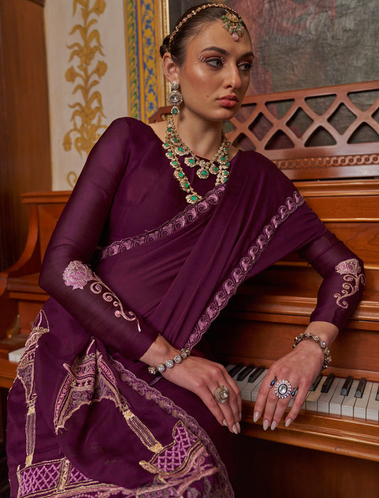 Maroon Soft Chiffon Multi Thread Embroidery Ethnic Saree