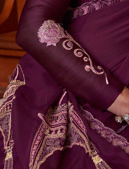 Maroon Soft Chiffon Multi Thread Embroidery Ethnic Saree