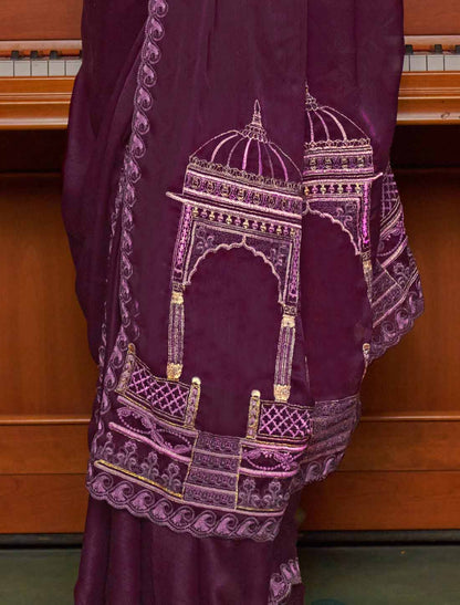 Maroon Soft Chiffon Multi Thread Embroidery Ethnic Saree